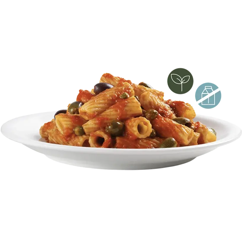 Rigatoni con pomodori datterini, olive leccino e capperi